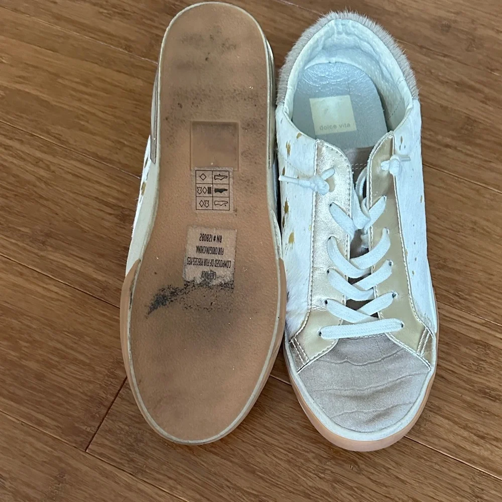 Dolce Vita White and Gold Low-Top Sneakers with Metallic Accents